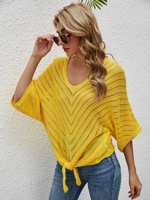 Yellow chevron knit tie-front cover-up with batwing sleeves.