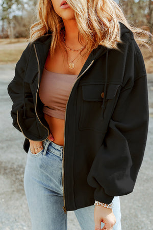 Black textured utility hoodie jacket with zip front, chest pockets and drawstring hood.