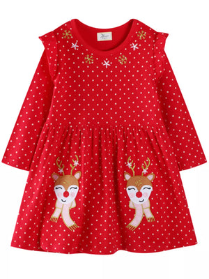 Red polka dot long sleeve baby dress with cute reindeer applique and ruffled shoulders.