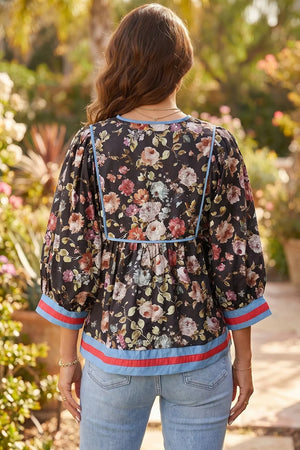 Floral Print Contrast Trim Tie V Neck Blouse in Floral, model styling view