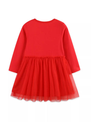 Red children's long sleeve cotton dress with gathered tulle skirt.