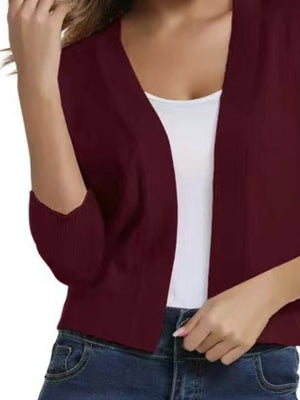 Wine cropped elbow-sleeve open-front knit cardigan with ribbed cuffs.