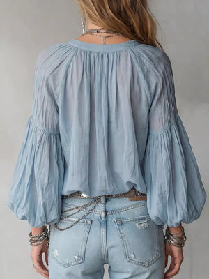 Notched Balloon Sleeve Blouse in Black, back view