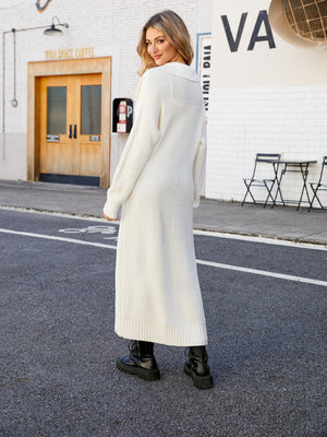 Longline knit collar cardigan in white acrylic with long sleeves and a relaxed fit.