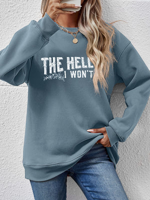 Graphic crewneck sweatshirt in Misty Blue with white text and floral detail.