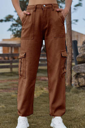 Brown utility cargo pants with multiple pockets and a relaxed fit.