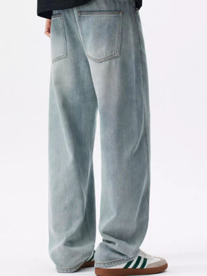 Men's Loose Fit Blue Jeans in Blue, close-up detail