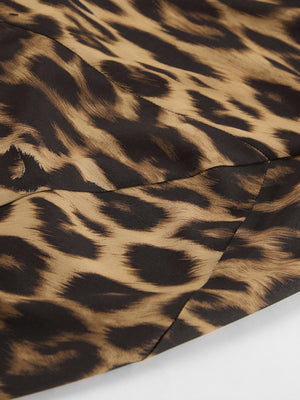 Print bodycon maxi skirt in leopard print fabric with a close-up detail of the seams.