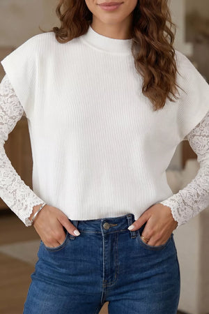 Solid Color Ribbed Knit Mock Neck Sweater, model styling view