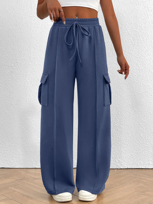 Blue high waist cargo sweatpants with drawstring and side pockets