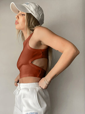 Ribbed crop top in caramel with side cutouts and a racerback style.
