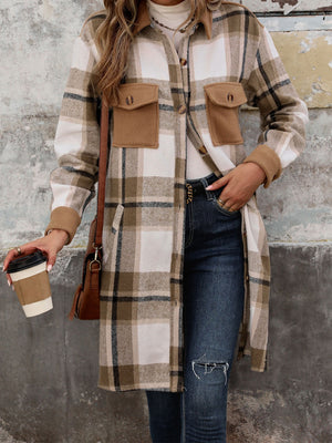 Tonal plaid shacket with sherpa accents in coffee brown, featuring button front and chest pockets.