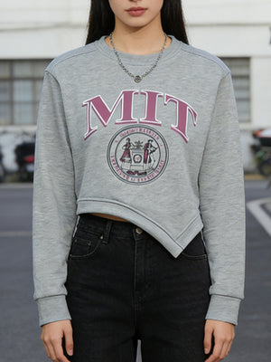 Grey asymmetrical cropped sweatshirt with MIT graphic and crew neck.