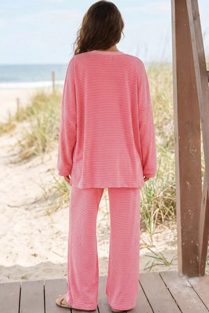 Striped Drop Shoulder Long Sleeve Top And Pants Set in Dusty Pink, side view