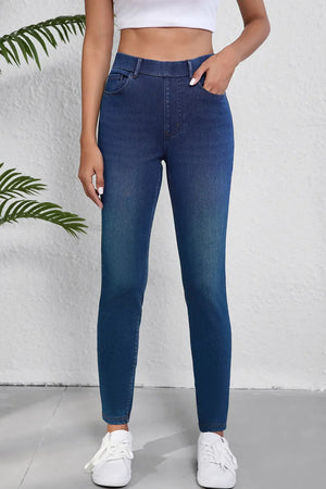 Sculpted denim high-waisted pull-on jeans in medium wash, cotton, slim fit