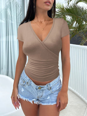 Camel wrap-front jersey t-shirt with ruched sides and short sleeves.