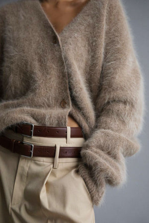 Khaki angora cardigan with sculpted sleeves and button front, V-neck