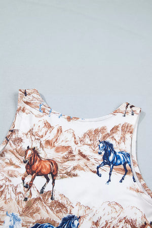 Western-inspired tank top with horse and mountain print, polyester fabric.