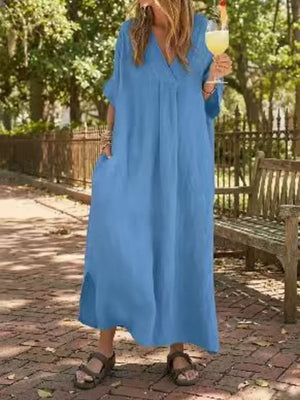 Full Size V-neck Maxi Dress Plus Size in Navy Blue, fit detail