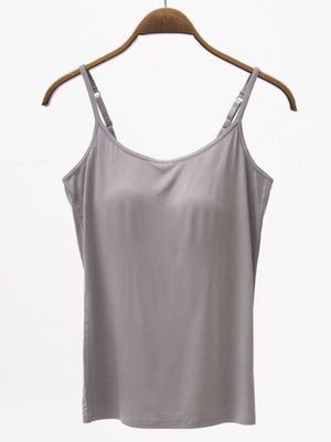 Gray camisole with adjustable straps and built-in support.