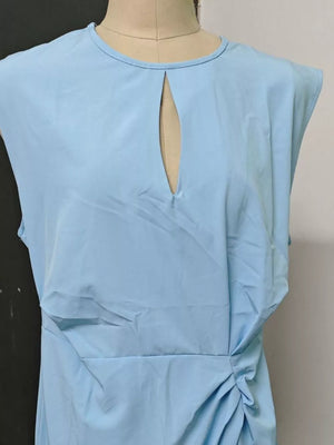 Pastel blue polyester dress with keyhole neckline and ruched side detail
