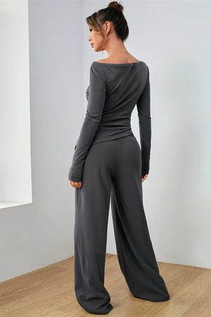 Dark Gray boat neck loungewear set with wide leg pants and long sleeves.