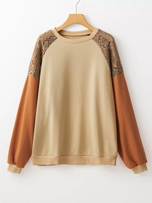Lace Patchwork Colorblock Sweatshirt in Tan, back view