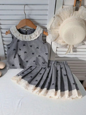 Children's Bow Print Lace Trimmed Top And Skirt Set, front view