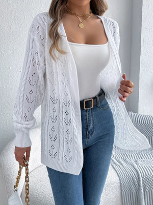 White openwork long sleeve acrylic cardigan with cable knit details.