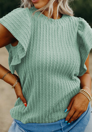 Textured cable knit top in Gum Leaf with flutter sleeves and crew neck.