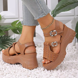 Brown woven texture high wedge sandals with adjustable buckles and chunky heel.