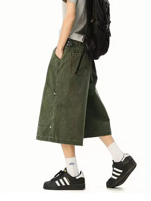 Army green relaxed fit utility cargo shorts with button closure and multiple pockets.