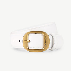 White cowhide leather belt with gold oval buckle and engraved detail