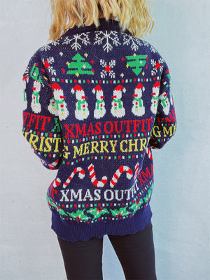 Dark blue acrylic knit sweater with Christmas graphic pattern, snowmen, candy canes, and text.