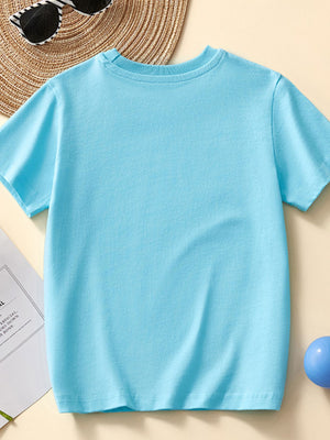 Toddler blue 100% cotton t-shirt with short sleeves and a crew neck.
