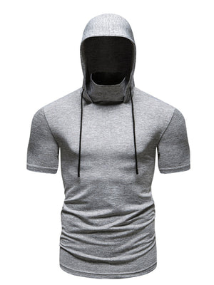 Men's light gray cotton hooded t-shirt with cowl neck and drawstring