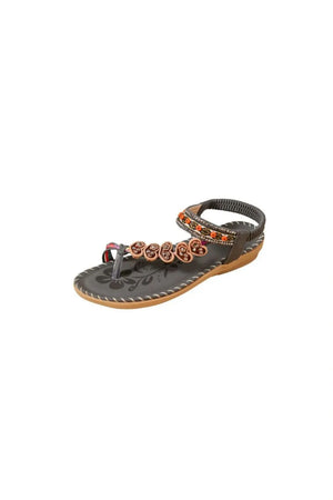 Embellished thong sandals in dark grey with floral detail and beaded strap.