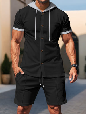 Black short sleeve hooded button-down shirt with pocket and drawstring shorts set.