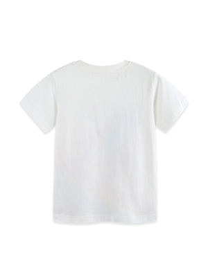White cotton crew neck t-shirt with a rocket graphic on the front.