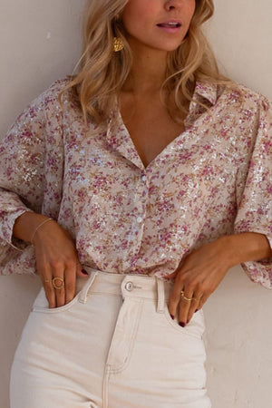 Sequin floral print relaxed fit blouse in dusty pink with button-down front and spread collar.