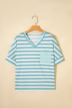 Teal and white striped V-neck t-shirt with a chest pocket.
