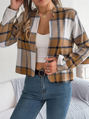Collarless plaid cropped jacket in camel, white, and dark blue with a relaxed fit.