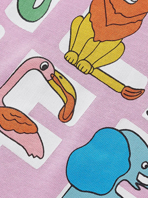 Toddler cotton tee with pink background and cartoon animal graphics of a flamingo, lion, and elephant.