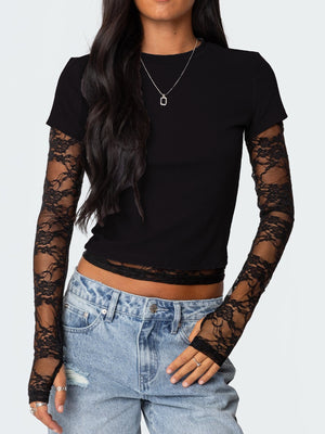 Black fitted t-shirt with lace sleeves and crew neck, cropped length.