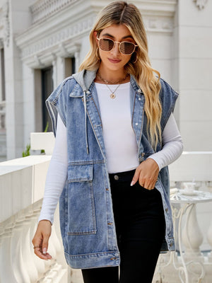 Sleeveless denim utility vest with hood in dark wash, featuring chest pockets and button front.