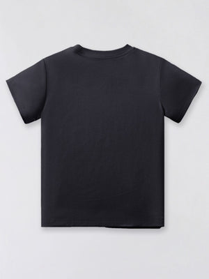Black cotton crew neck t-shirt with short sleeves.