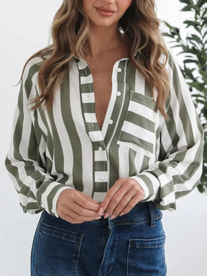 Maternity shirt with green and white stripes, button-front, and chest pocket.