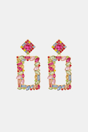 Geometric Jewel Box Earrings with multicolor gemstones and gold alloy frame.