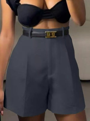 Dark gray high-waisted shorts with pleats and a black belt with gold buckle
