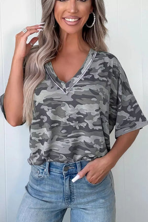 Camouflage v-neck relaxed tee with short sleeves and a contrast stitch neckline.